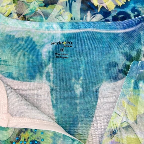 Style & Co Woman 1X Blue Green Floral Beaded V-Neck Short Sleeve Top - Picture 4 of 8